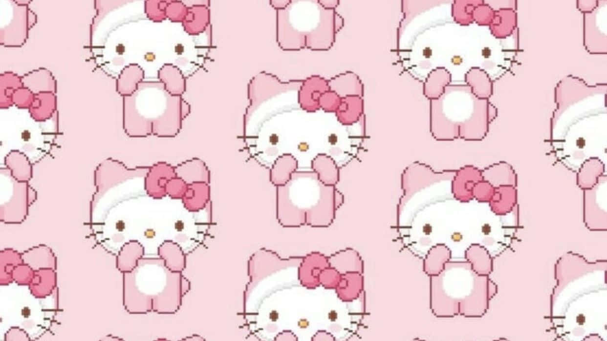 Hello Kitty Pc 桌布 壁紙 — 像素化的Hello Kitty角色戴著粉紅色蝴蝶結，在柔和的粉紅色背景上重複出現。