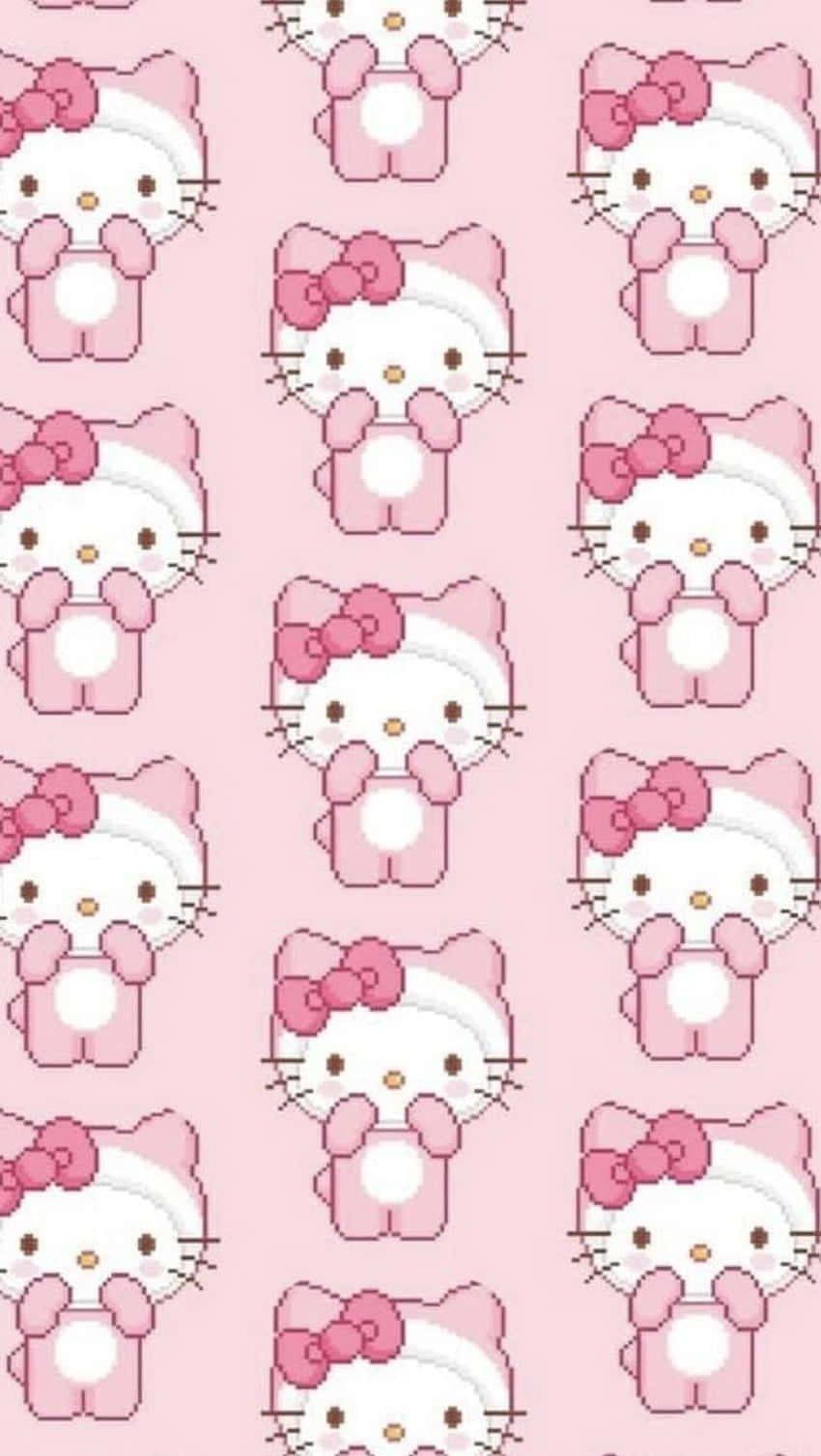 Emo Hello Kitty 桌布 壁紙 — 像素化的Hello Kitty角色戴著粉紅色蝴蝶結，在柔和的粉紅色背景上以網格圖案重複出現。