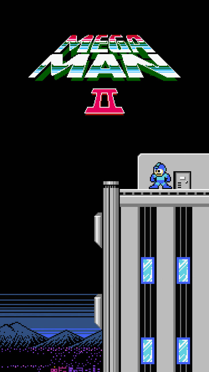 Megaman 桌布 壁紙 — 像素化的Mega Man II標題畫面顯示英雄站在塔頂，背景是黑暗的天空和遠處的山脈。