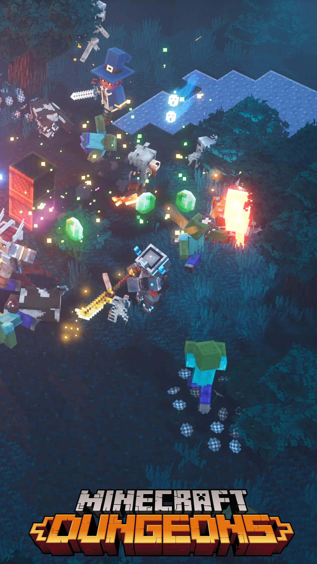 電玩遊戲 桌布 壁紙 — 像素化的Minecraft Dungeons角色在黑暗森林中與發光的怪物戰鬥，伴隨著火焰爆炸和漂浮的戰利品。