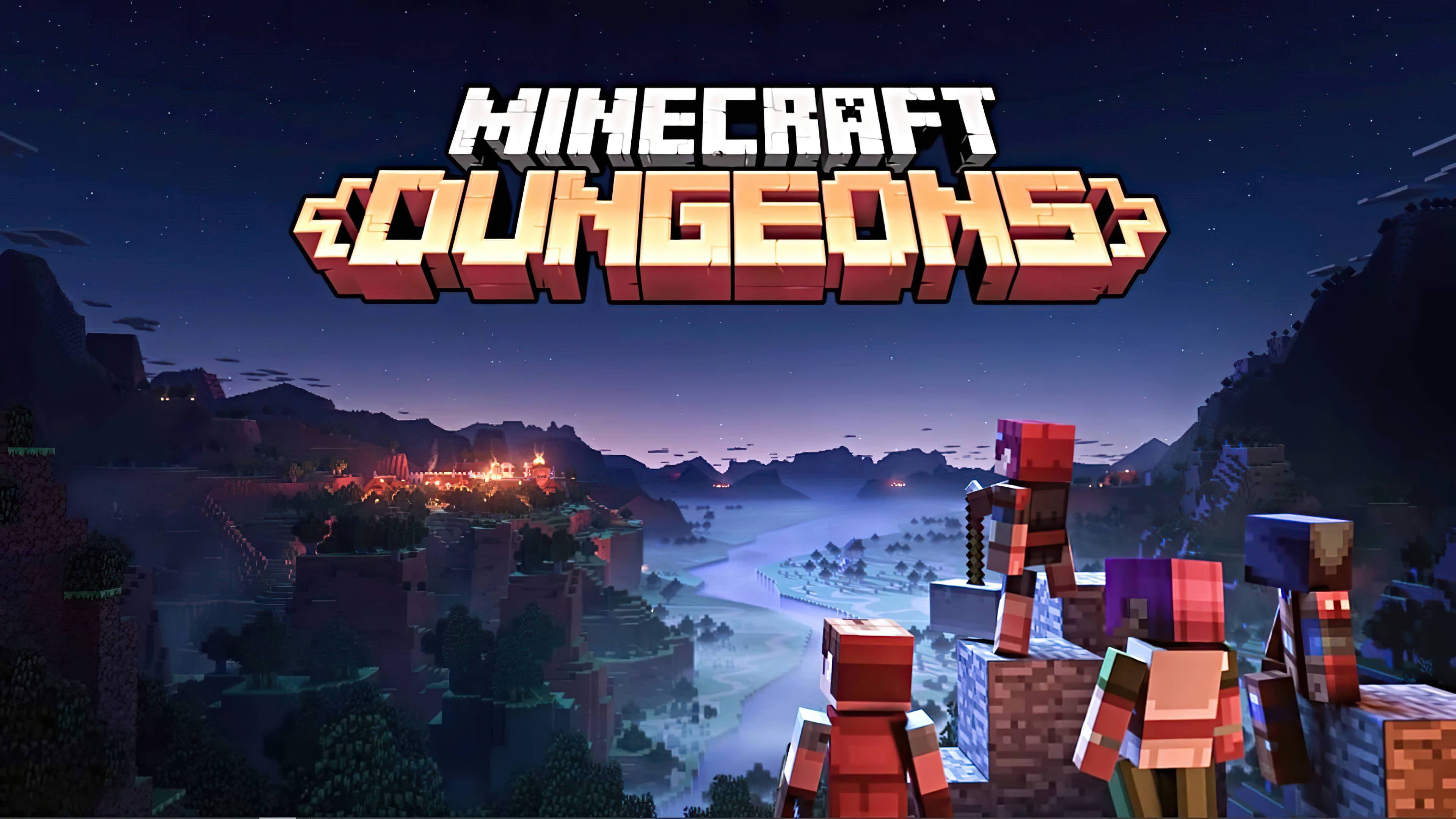 最佳我的世界 桌布 壁紙 — 像素化的Minecraft Dungeons角色站在懸崖頂上，俯瞰著一個坐落在山區暮色景觀中的發光村莊。