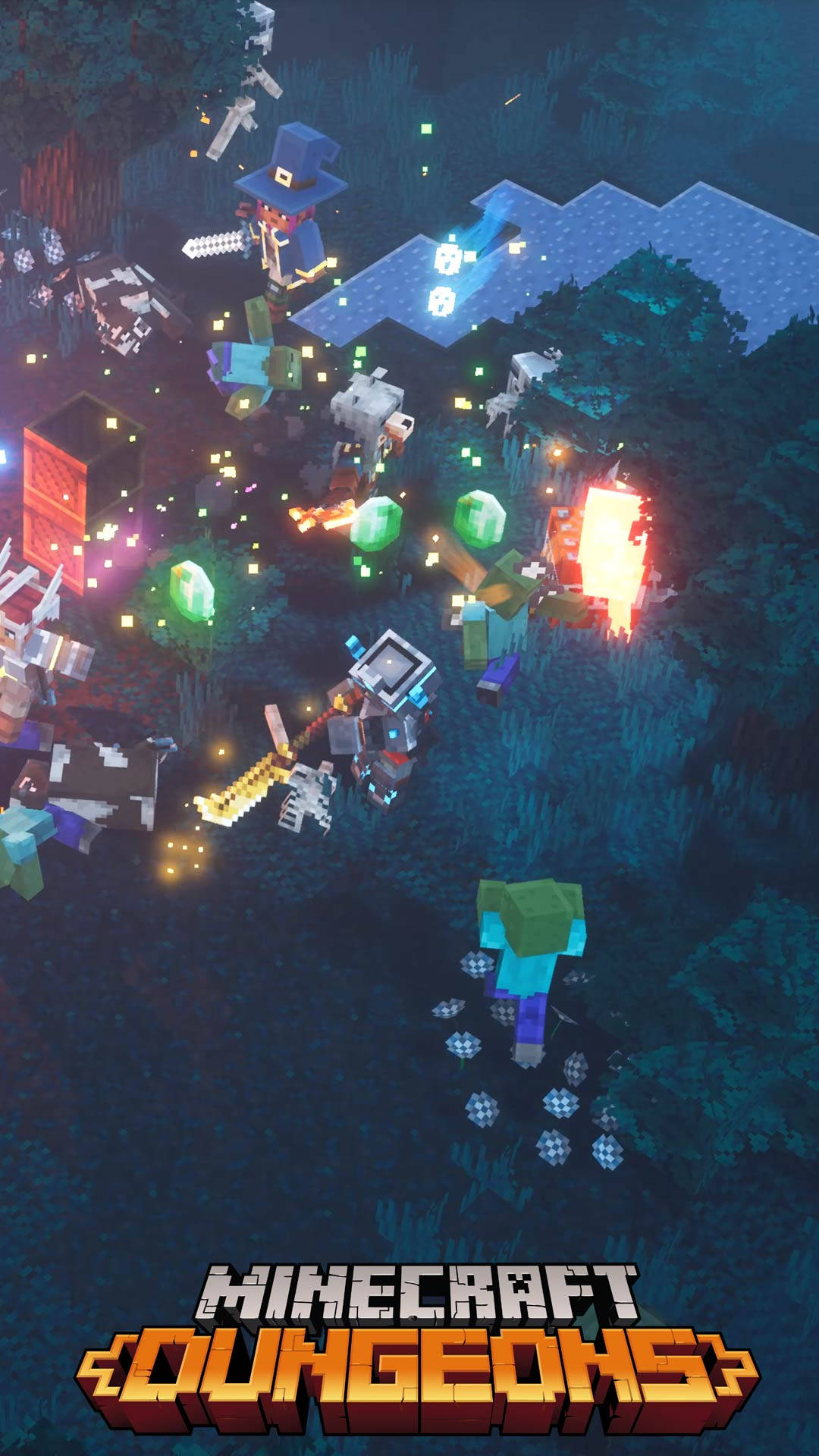 我的世界 高畫質壁紙 桌布 壁紙 — 像素化的Minecraft Dungeons角色在黑暗森林中與發光的怪物戰鬥，伴隨著火焰爆炸和漂浮的戰利品。