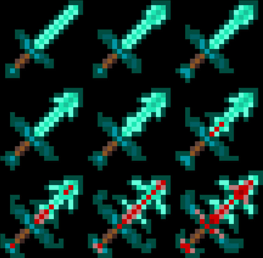 Minecraft Sword 桌布 壁紙 — 像素化的Minecraft劍和箭在黑色背景上以網格圖案發出青綠色光芒。