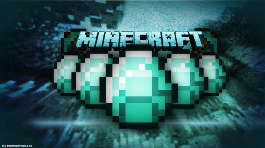 遊戲 桌布 壁紙 — 像素化的Minecraft標誌，帶有發光綠色鑽石，背景為深色紋理。