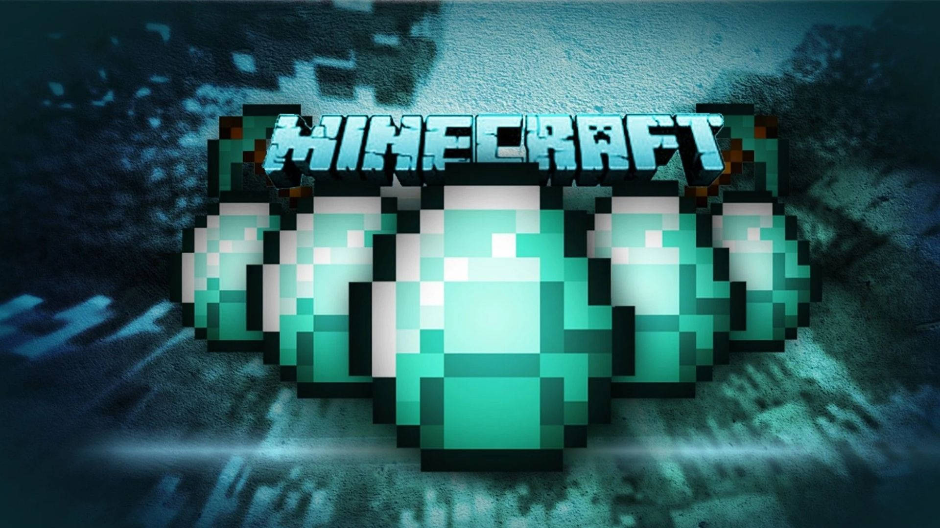 我的世界 鑽石 桌布 壁紙 — 像素化的Minecraft標誌，帶有發光綠色鑽石，襯托在深色紋理背景上。