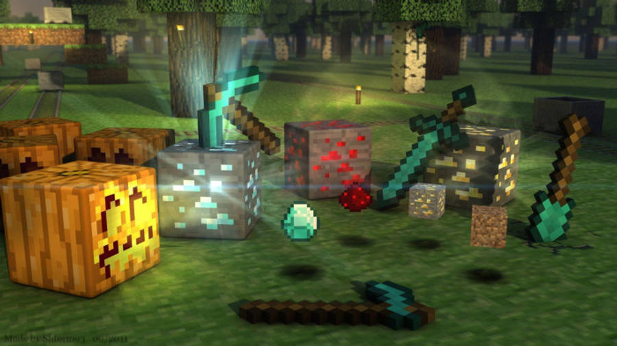 樹木 桌布 壁紙 — 像素化的Minecraft物品，包括鑽石工具和傑克南瓜燈，在森林空地中發光。