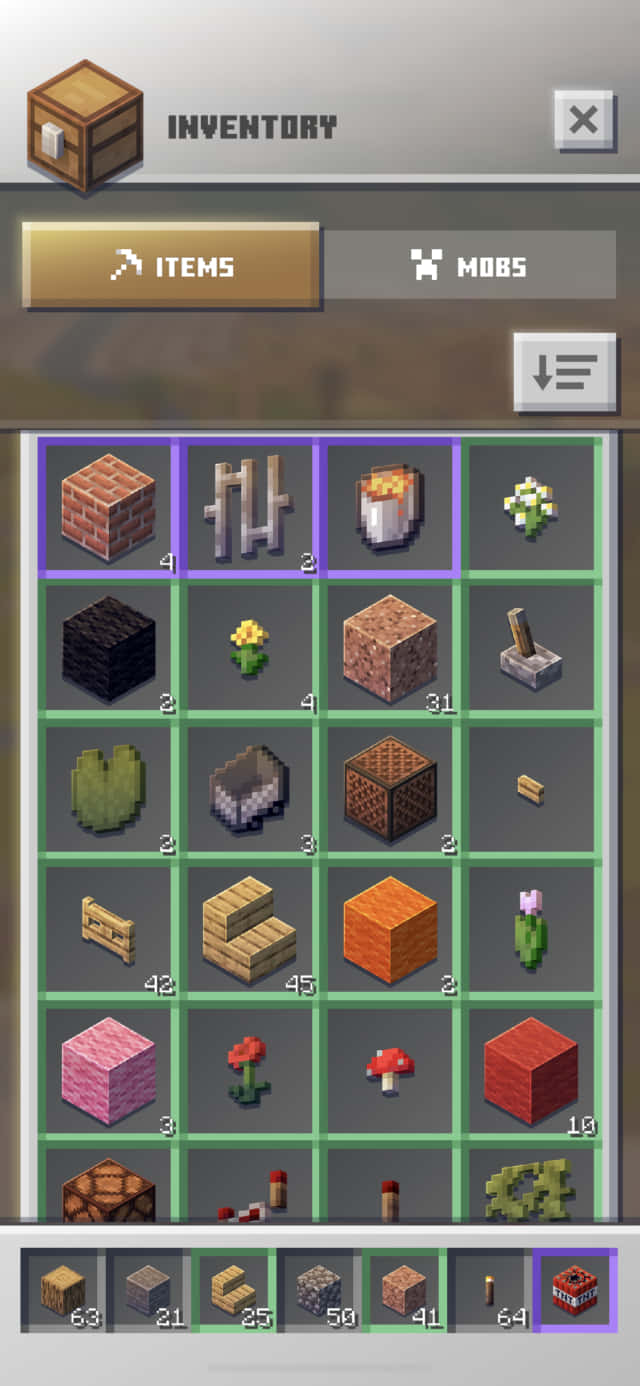 Minecraft Phone 桌布 壁紙 — 像素化的Minecraft物品欄畫面，以網格佈局顯示方塊、花朵和工具。