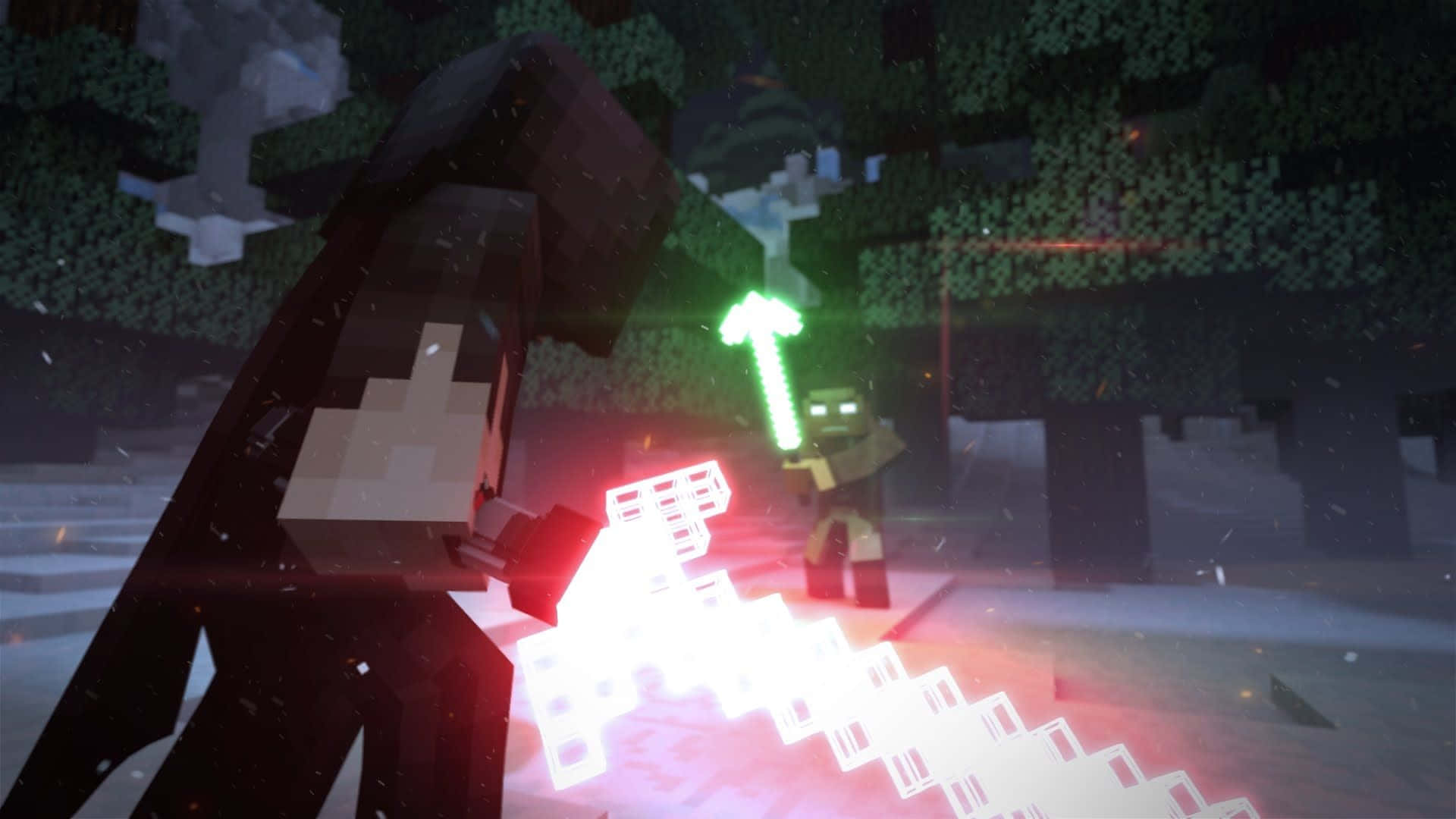 最佳我的世界 桌布 壁紙 — 像素化的Minecraft玩家在夜晚的雪森林中揮舞發光的劍與殭屍戰鬥。