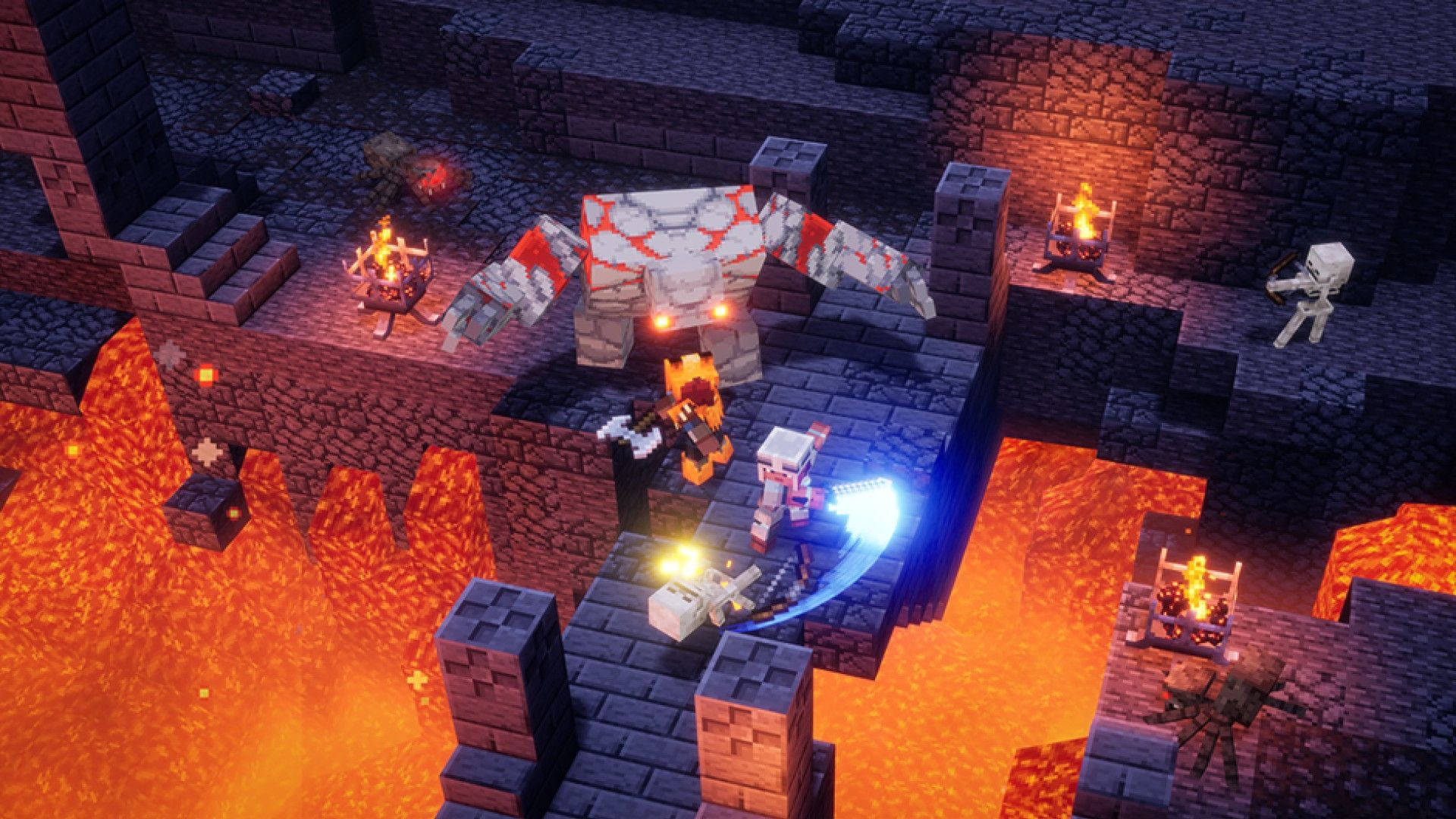 我的世界 高畫質壁紙 桌布 壁紙 — 像素化的Minecraft玩家在充滿熔岩的地下堡壘中，用火炬和發光武器與巨型石蟹戰鬥。