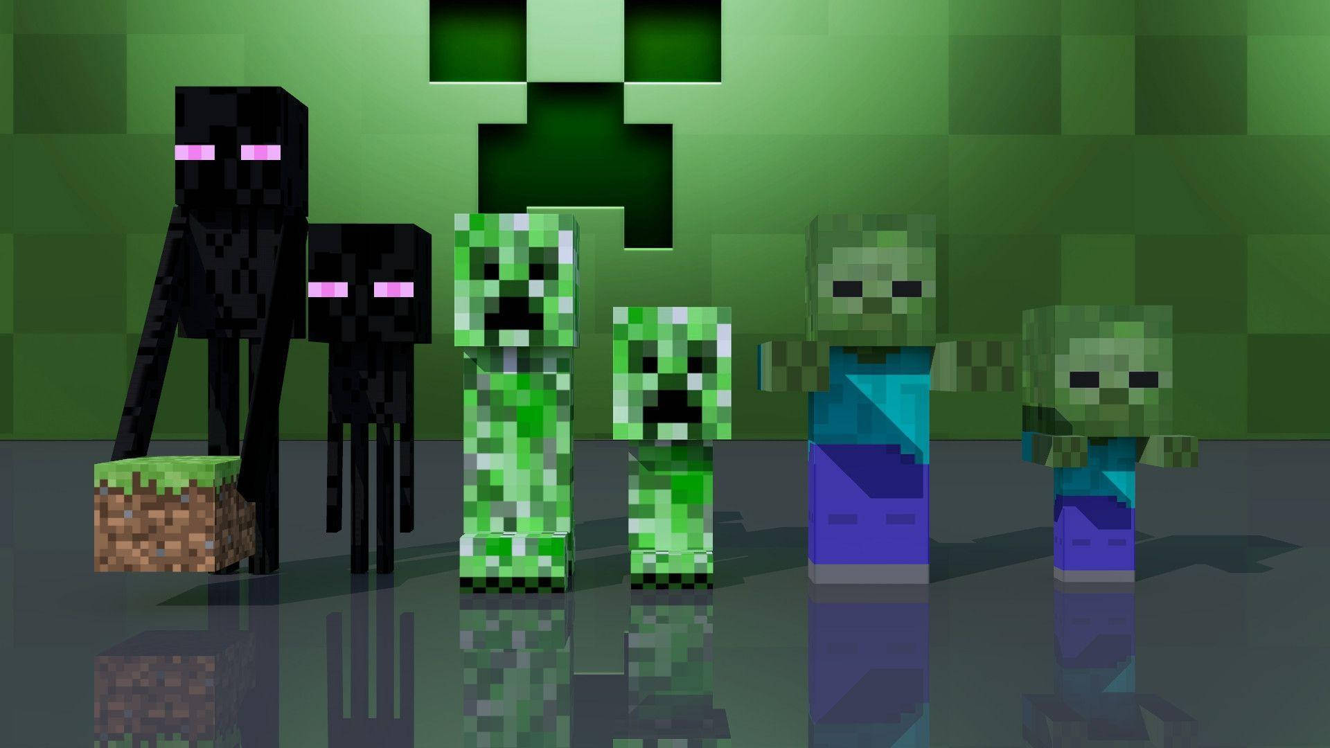 Enderman 桌布 壁紙 — 像素化的Minecraft生物，包括Endermen和Creepers，站在一個有反射地板的綠色方塊房間中。