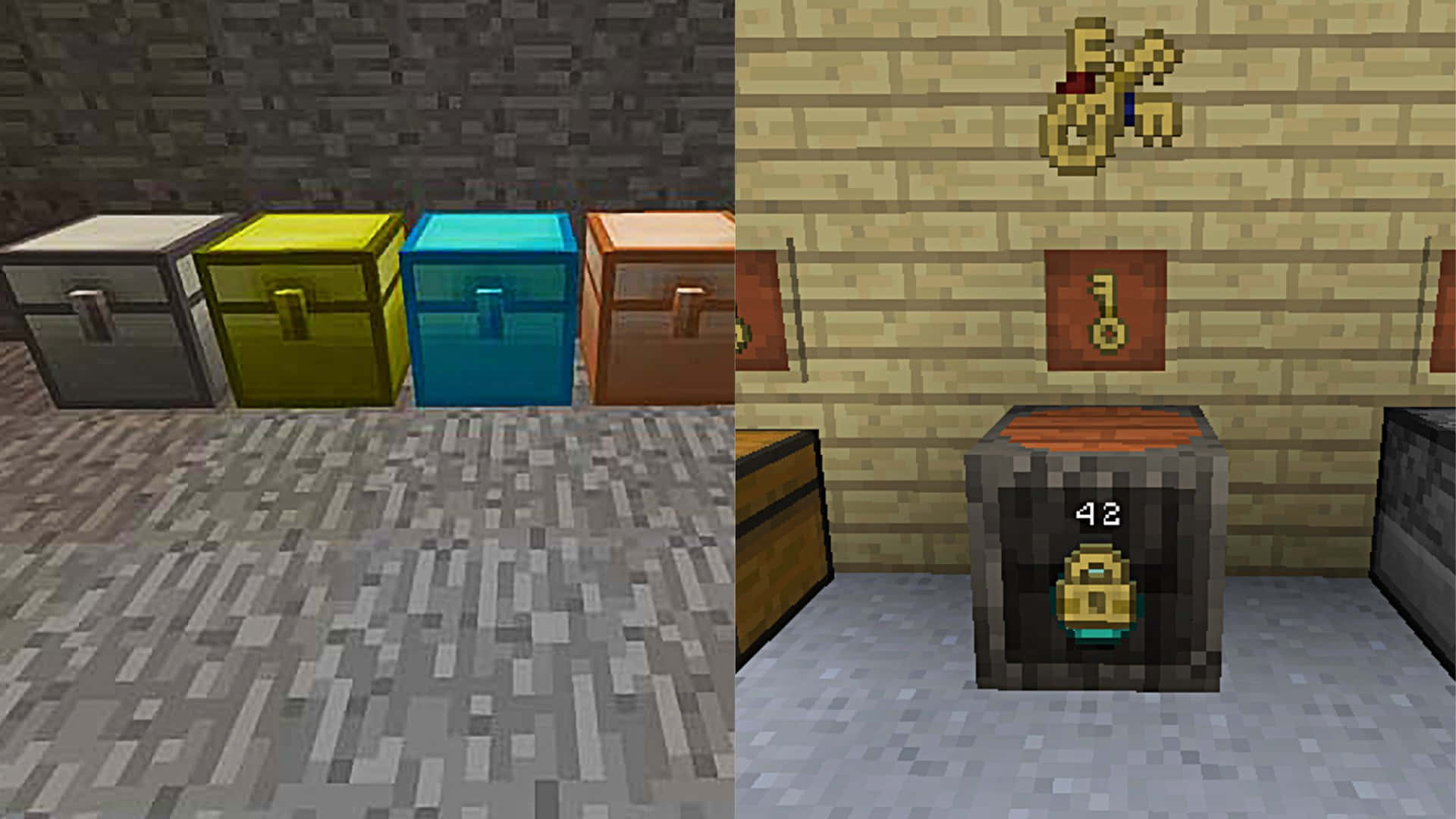 Minecraft Mods 桌布 壁紙 — 像素化的Minecraft箱子在石室中，有金色鑰匙和一個鎖住的箱子顯示數字42。
