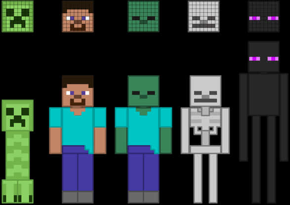 Minecraft Character 桌布 壁紙 — 像素化的Minecraft角色，包括Steve、Creeper、Zombie、Skeleton和Enderman，站在黑色背景前。