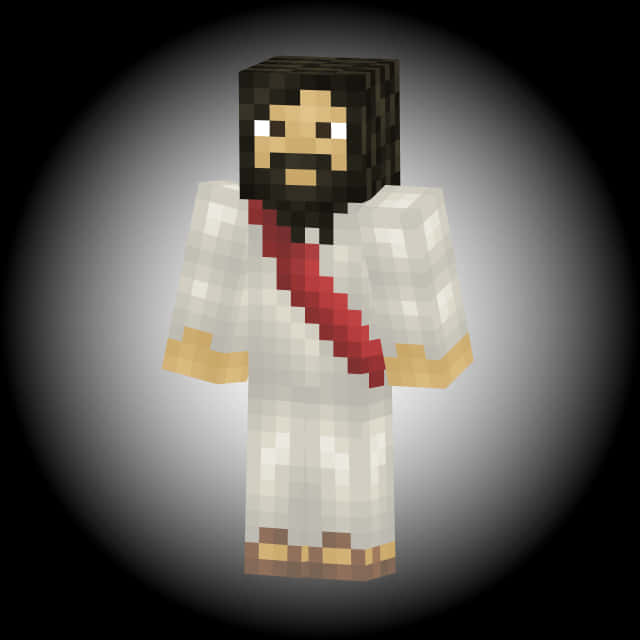 Minecraft Character 桌布 壁紙 — 像素化的Minecraft角色，類似耶穌，身穿白色長袍、紅色腰帶，留著深色鬍鬚，背景為聚光燈漸變效果。