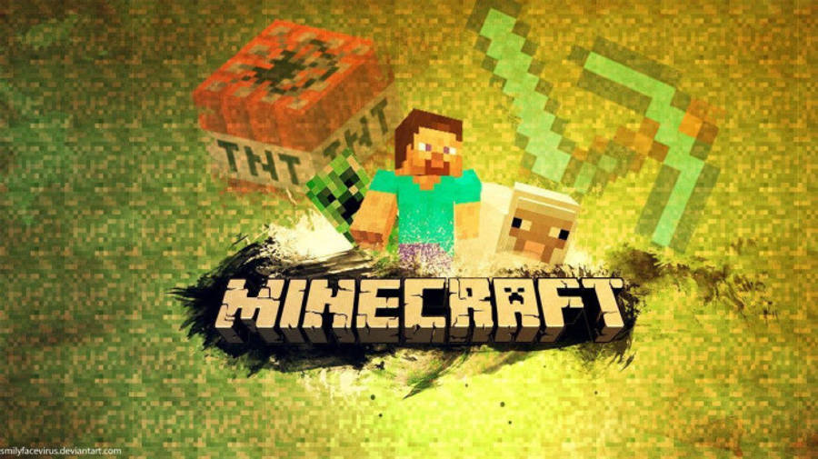 羊 桌布 壁紙 — 像素化的Minecraft角色Steve和Creeper站在TNT方塊旁邊，背景為有紋理的綠色背景，帶有粗體遊戲標誌。