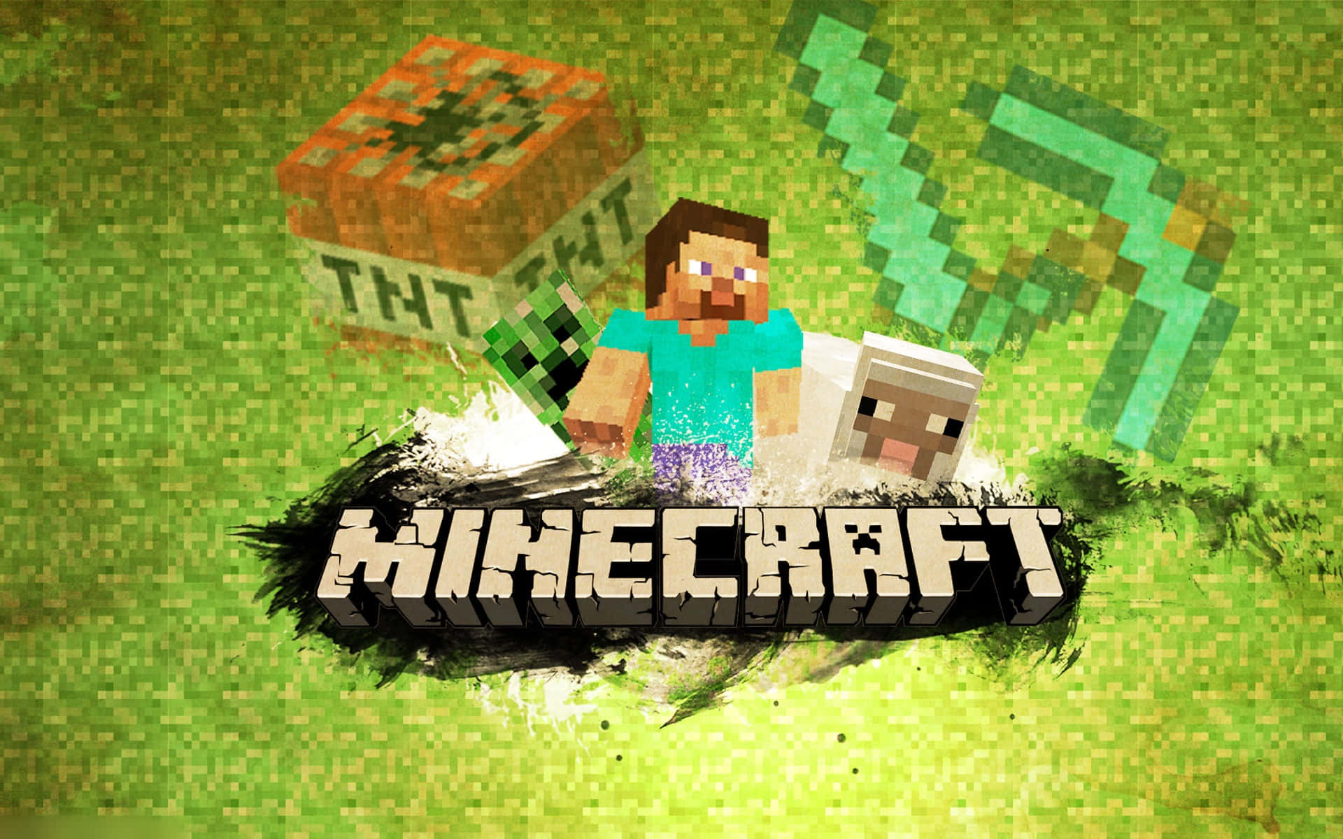 可愛 Minecraft 桌布 壁紙 — 像素化的Minecraft角色Steve和一隻羊站在TNT方塊和Creeper旁邊，背景是綠色草地。