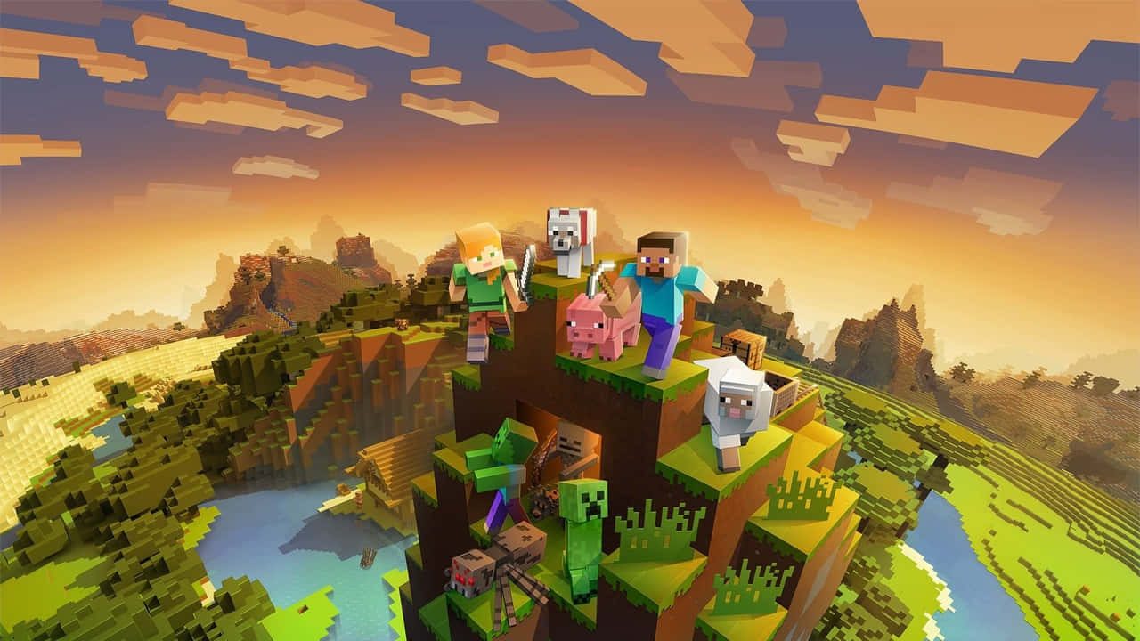 山景 桌布 壁紙 — 像素化的Minecraft角色和動物站在長滿草的懸崖上，俯瞰著日落時分充滿活力的方塊景觀。