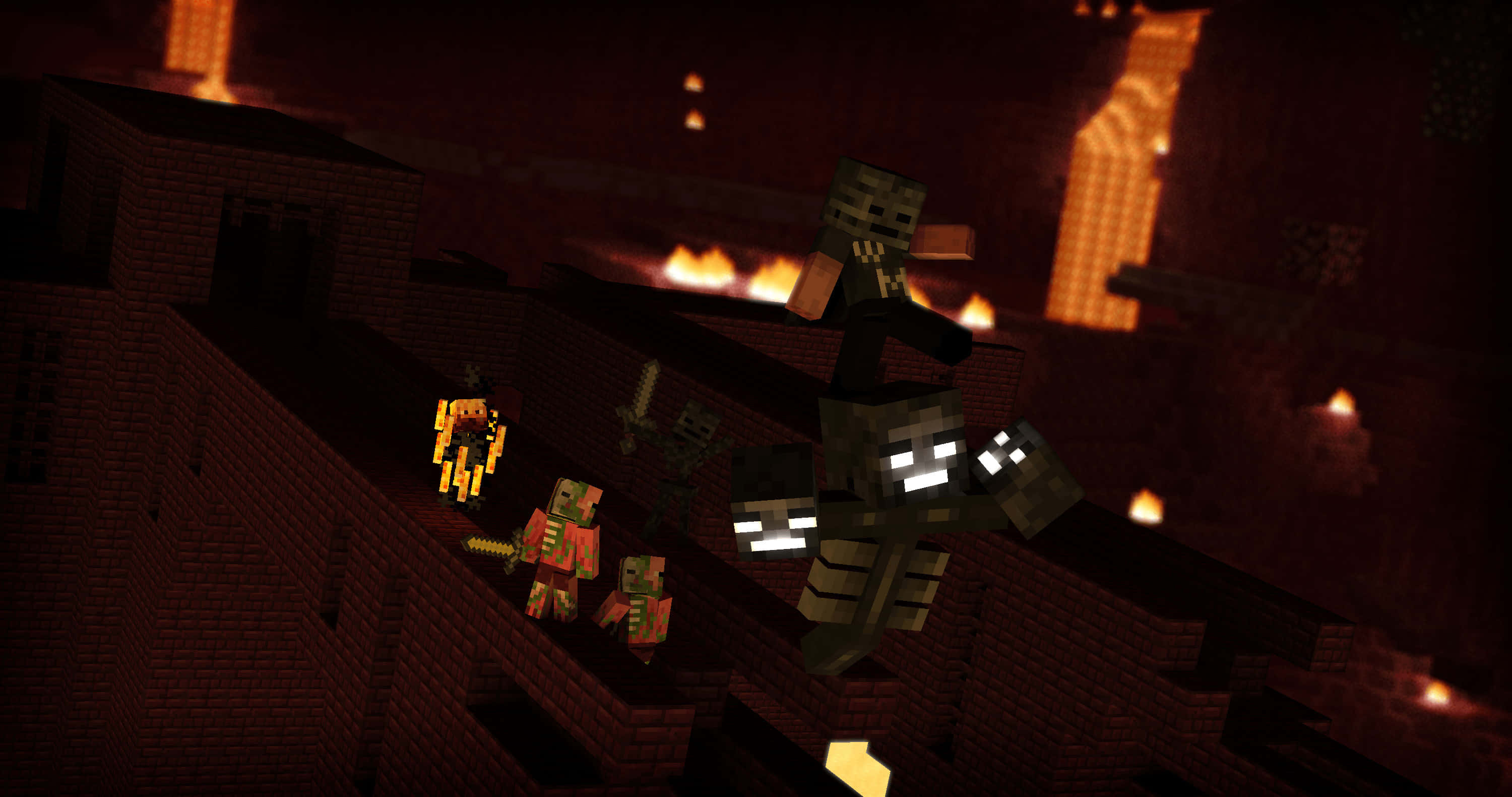 Minecraft Wither Boss 桌布 壁紙 — 像素化的Minecraft角色在熾熱的地獄堡壘中戰鬥，有發光的熔岩和方塊狀建築。