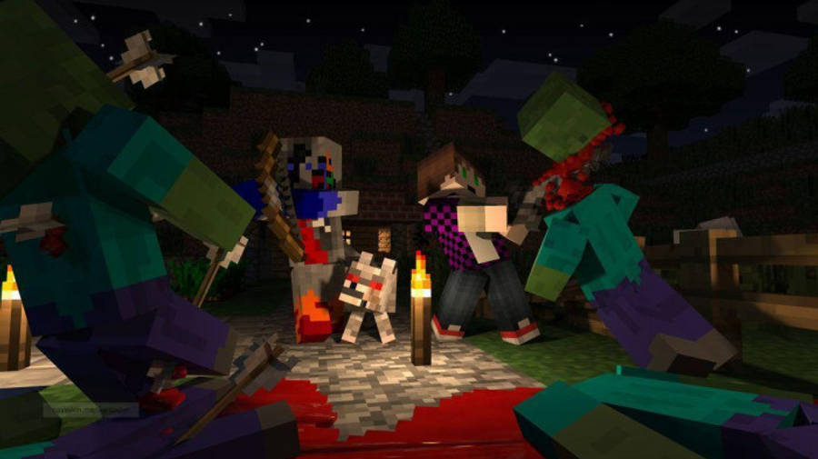 遊戲 桌布 壁紙 — 像素化的Minecraft角色在星空下與殭屍戰鬥，火炬照亮了血跡斑斑的地面。