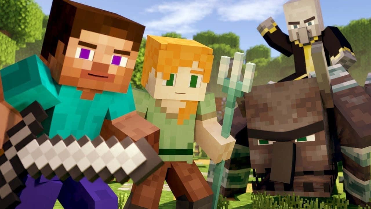 Minecraft Alex 桌布 壁紙 — 像素化的Minecraft角色在明亮的藍天下一起站在草地戶外場景中。