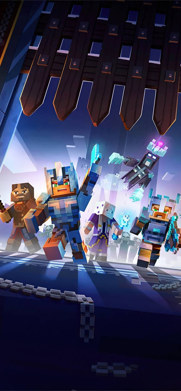我的世界 高畫質壁紙 桌布 壁紙 — 像素化的Minecraft角色在發光的藍天下英勇站立，上方有浮動方塊和巨大結構。