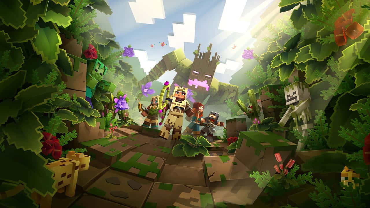 叢林 桌布 壁紙 — 像素化的Minecraft角色在明亮的天空下探索一個茂密的叢林，其中有高聳的樹木和鮮豔的花朵。