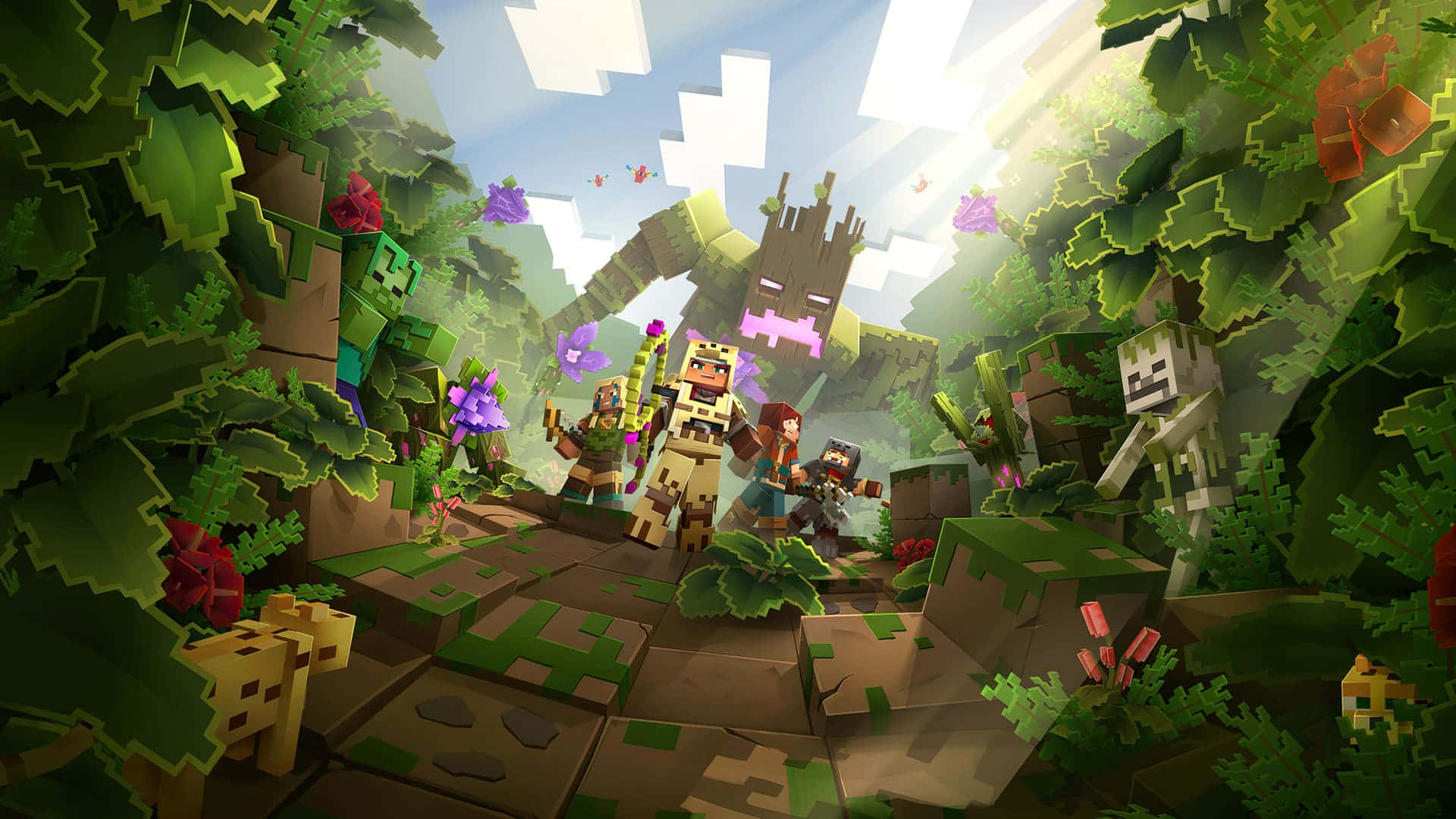 Cute Minecraft 桌布 壁紙 — 像素化的Minecraft角色在明亮的天空下探索一個擁有高聳樹木和鮮豔花朵的茂密叢林。