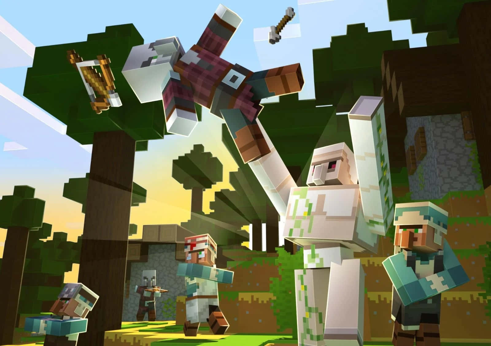 Minecraft Iron Golem 桌布 壁紙 — 像素化的Minecraft角色在金色日落時分於方塊森林中與巨型殭屍戰鬥。
