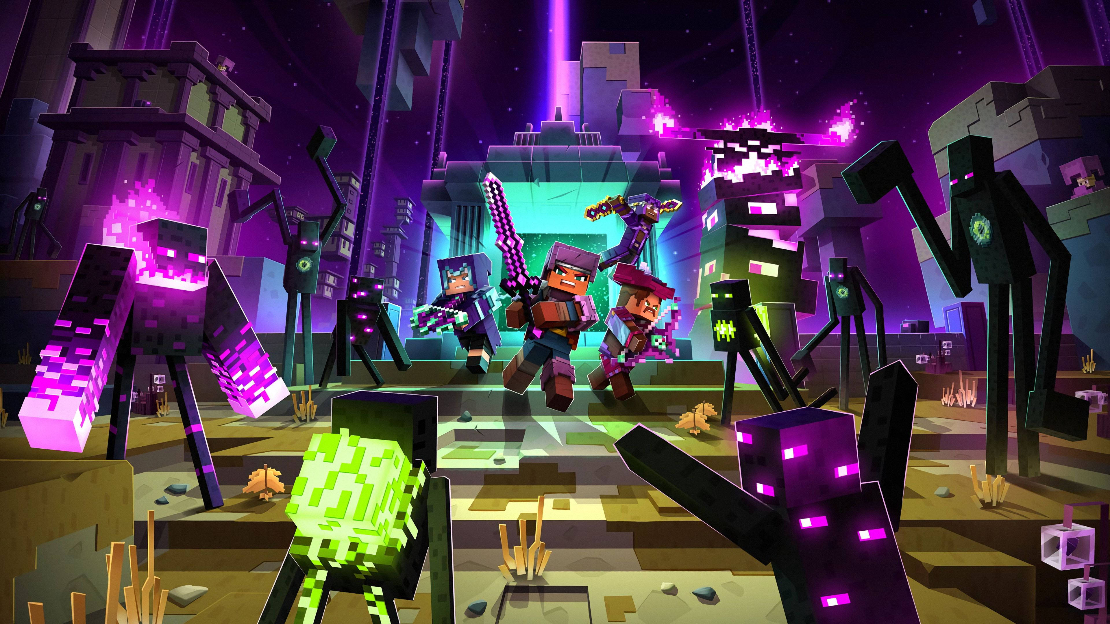我的世界 終極人 桌布 壁紙 — 像素化的Minecraft角色在繁星點點的夜空下，於一個方塊狀的未來城市中與發光的紫色和綠色怪物戰鬥。