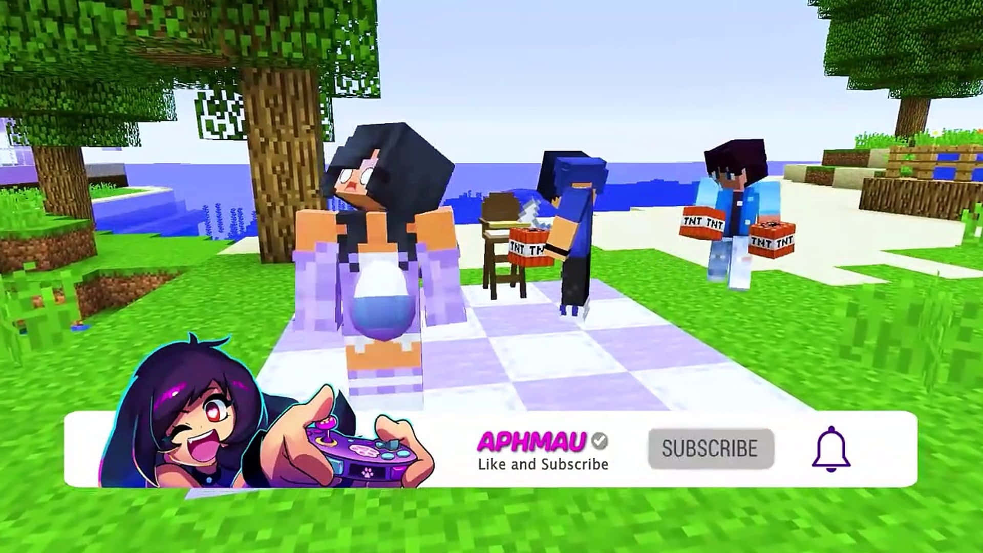 Aphmau 桌布 壁紙 — 像素化的Minecraft角色在樹下的棋盤格小徑上下棋，附近有溪流。