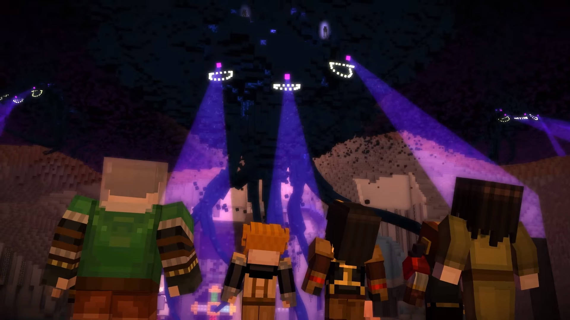 Wither 桌布 壁紙 — 像素化的Minecraft角色在照亮黑暗洞穴天花板的發光紫色聚光燈下敬畏地站立。