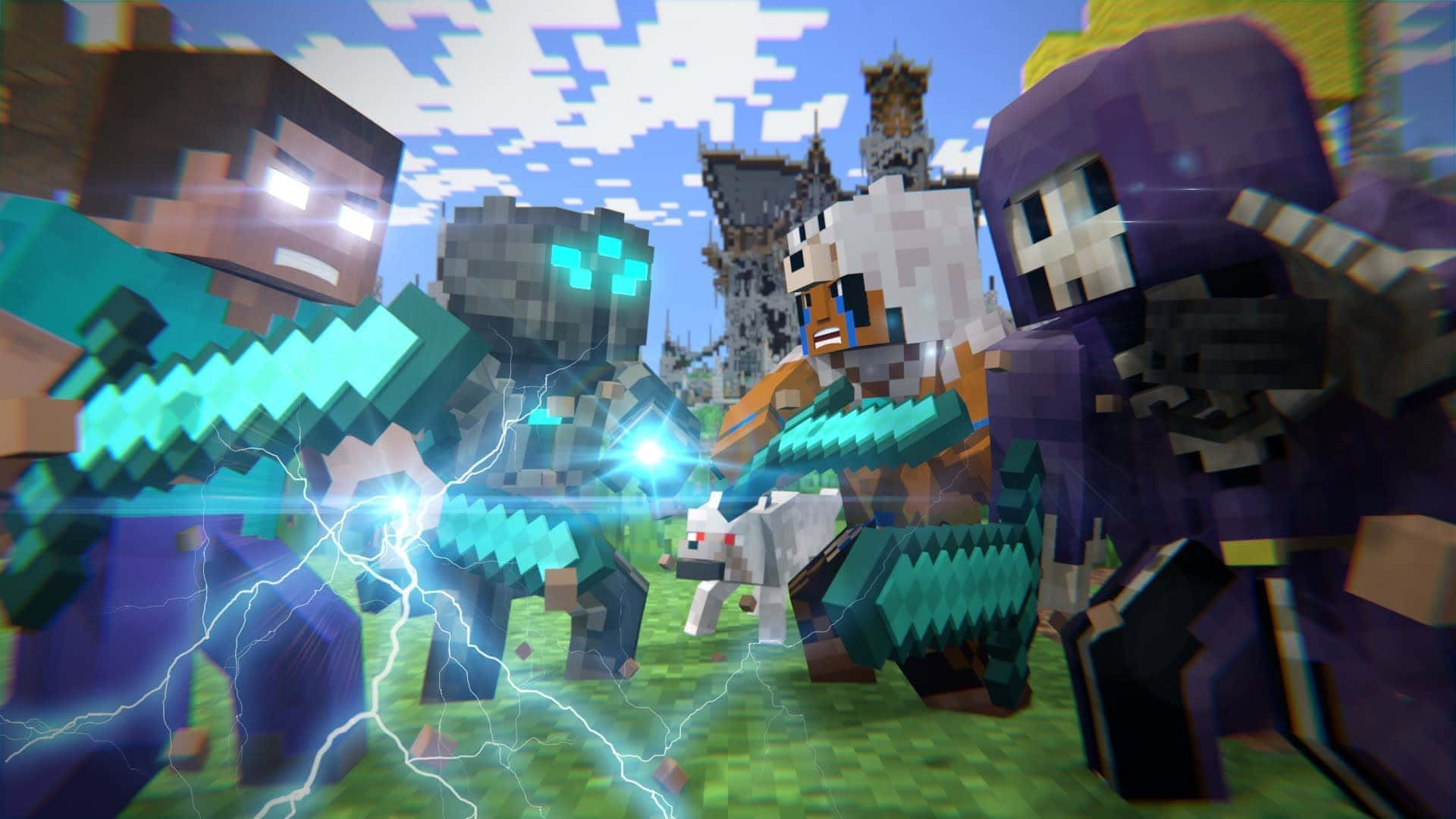 Herobrine 桌布 壁紙 — 像素化的Minecraft角色在方塊天空下的草地上，用發光的劍和閃電交鋒。