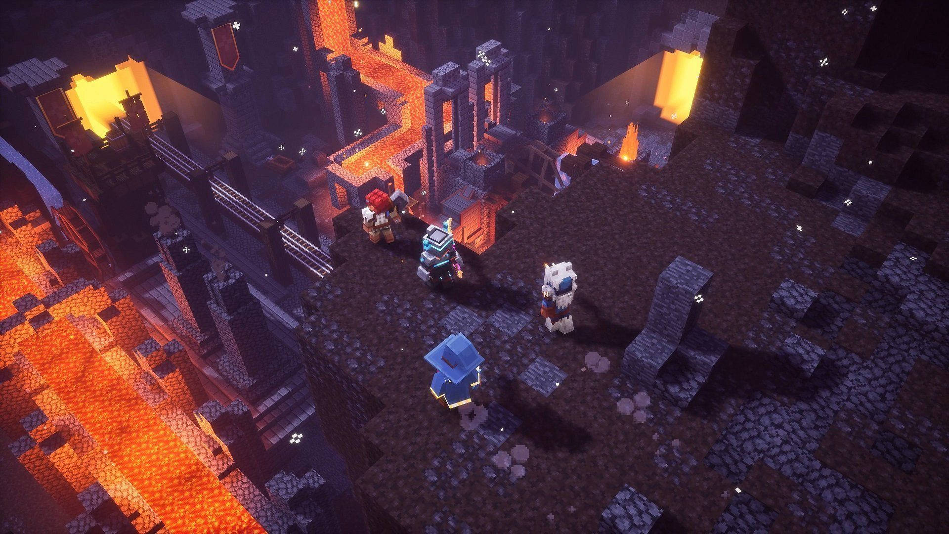 電玩遊戲 桌布 壁紙 — 像素化的Minecraft角色在星空下探索一個有發光熔岩河流和石塔的黑暗堡壘。