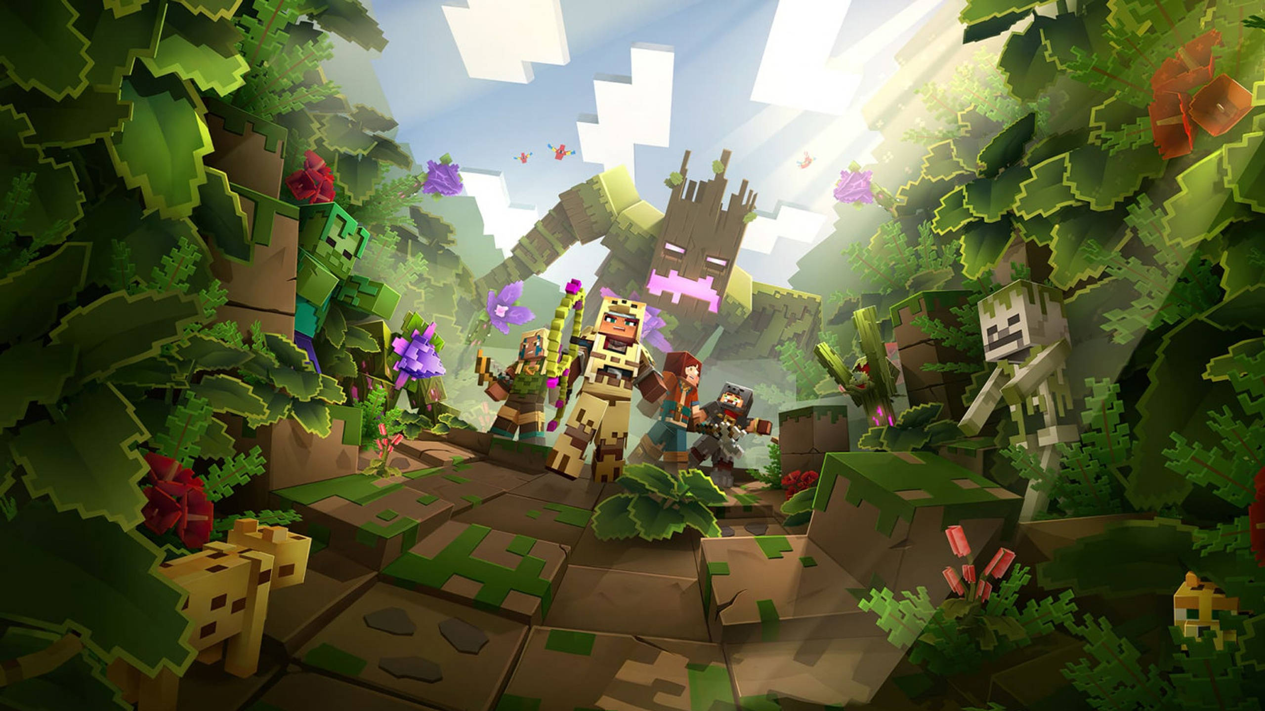 遊戲 桌布 壁紙 — 像素化的Minecraft角色在明亮的天空下探索一個擁有巨樹和發光花朵的茂密叢林。