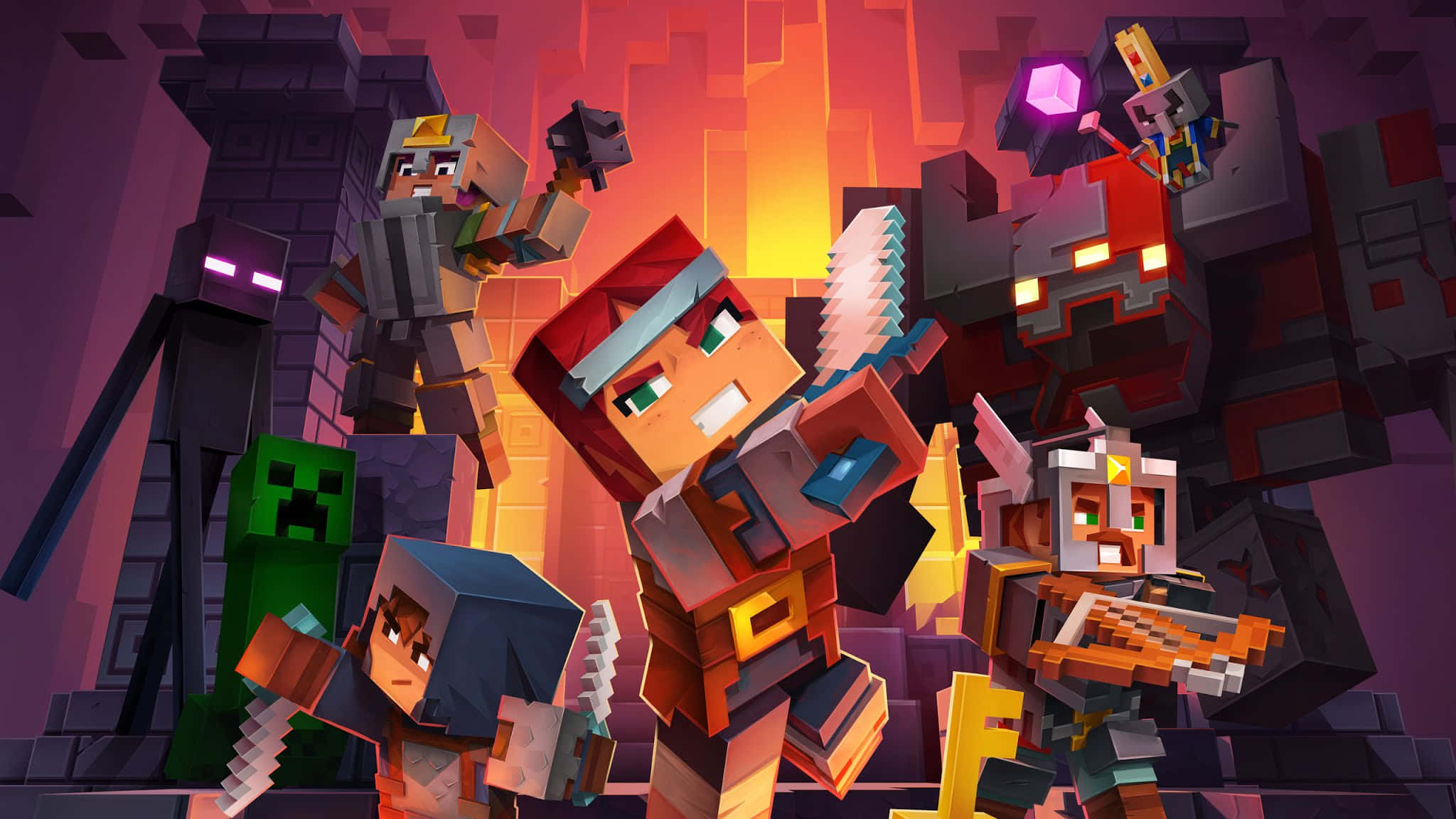 Minecraft Characters 桌布 壁紙 — 像素化的Minecraft角色在一個充滿火焰、發光熔岩和方塊建築的地牢中與敵對生物戰鬥。