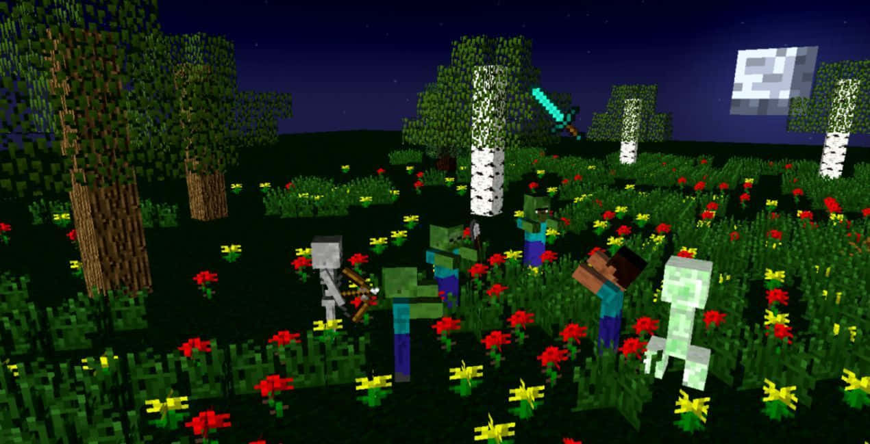 Minecraft Art 桌布 壁紙 — 像素化的Minecraft角色在星空下，於紅黃花朵盛開的田野中與殭屍和骷髏戰鬥。