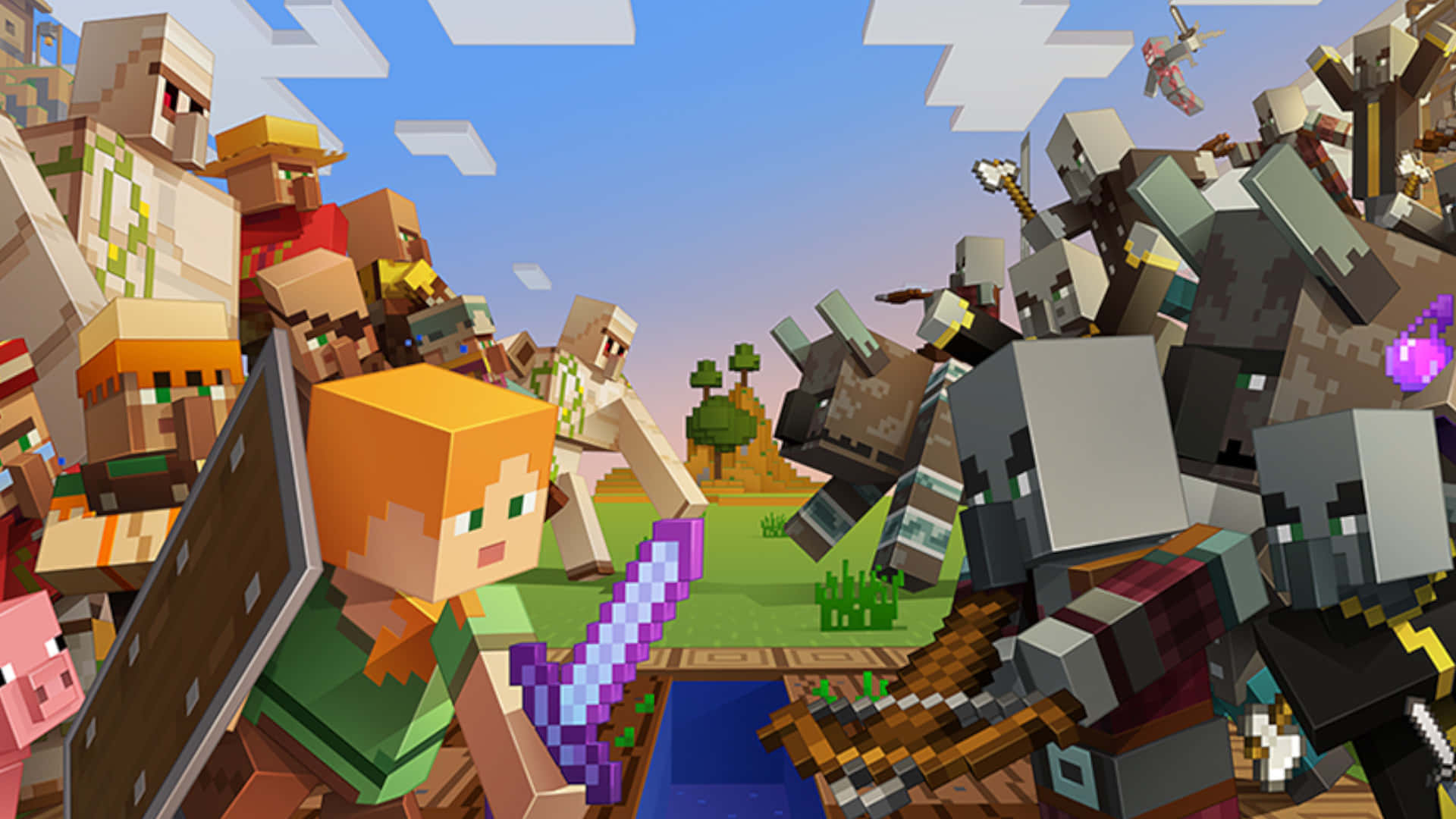 Minecraft Characters 桌布 壁紙 — 像素化的Minecraft角色在晴朗藍天白雲下進行一場充滿活力的方塊戰鬥。