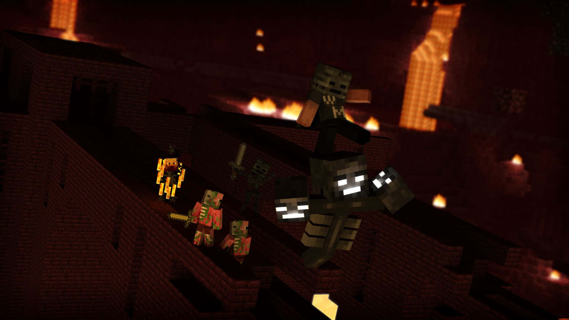 Minecraft Wither 桌布 壁紙 — 像素化的Minecraft角色在一個熾熱的地獄堡壘中戰鬥，周圍有發光的熔岩和方塊狀建築。