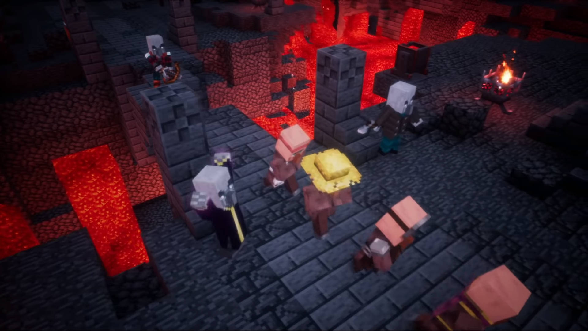 電玩遊戲 桌布 壁紙 — 像素化的Minecraft角色探索一個熾熱的地獄堡壘，有發光的熔岩河流和石頭結構。