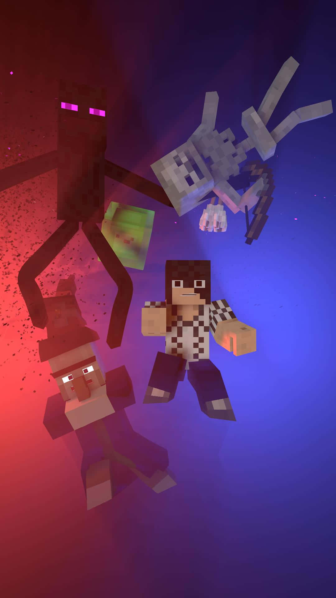 Minecraft Phone 桌布 壁紙 — 像素化的Minecraft角色漂浮在帶有紅色和藍色漸變及發光眼睛的宇宙虛空中。