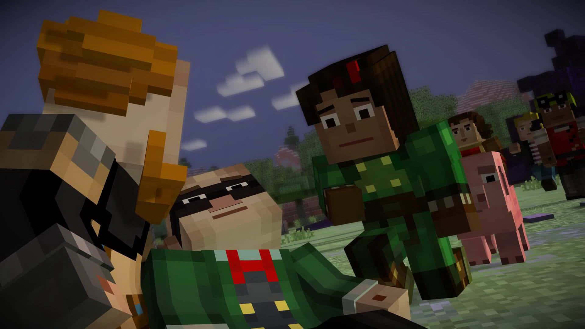 Minecraft Story Mode 桌布 壁紙 — 像素化的Minecraft角色聚集在草地田野上，天空暮色中有蓬鬆的雲朵。