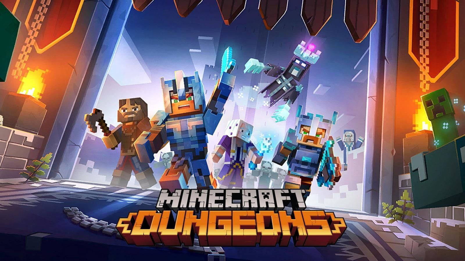 電玩遊戲 桌布 壁紙 — 像素化的Minecraft角色身穿盔甲，在發光的地牢入口處英勇站立，周圍有熾熱的火把和漂浮的敵人。
