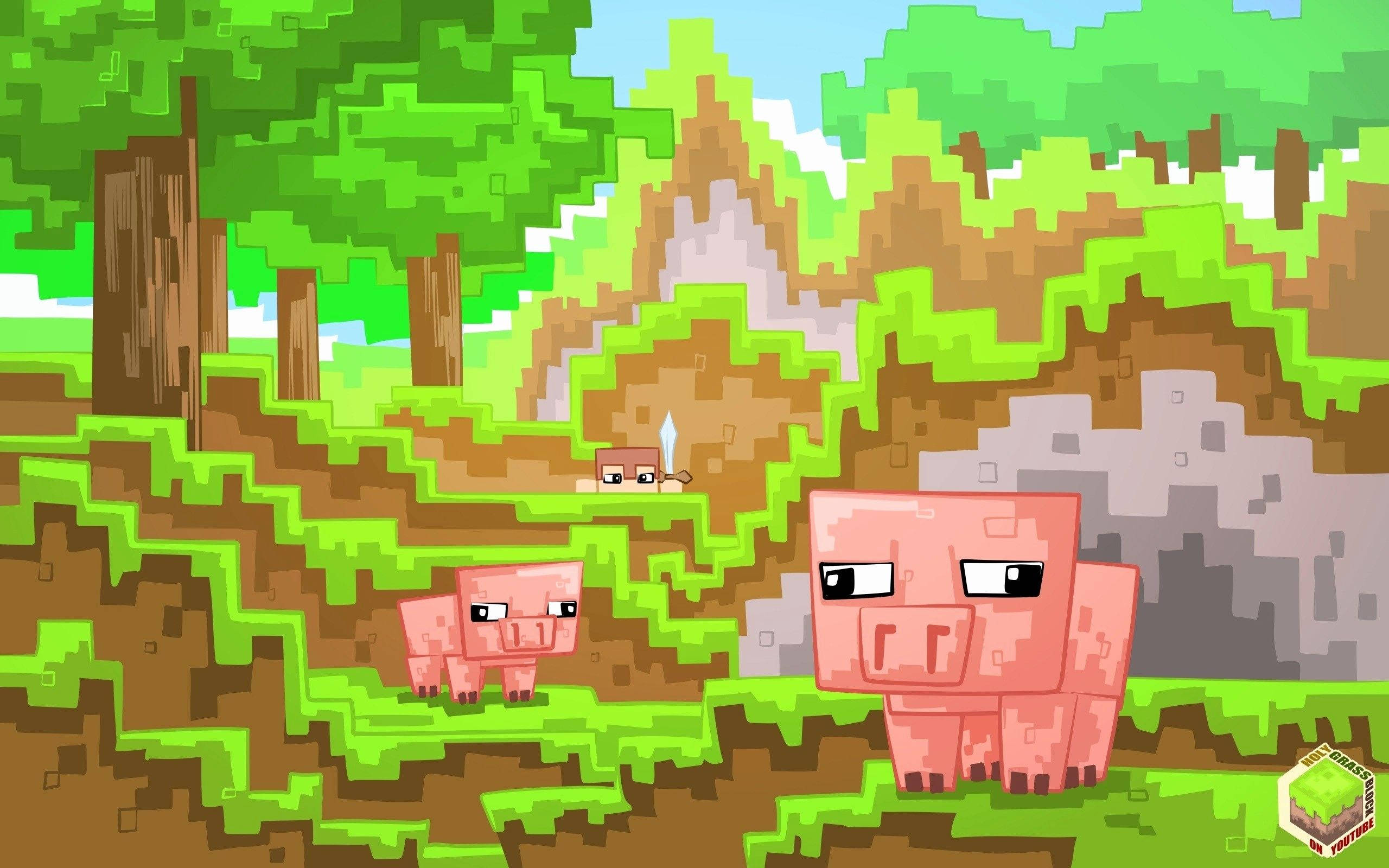 Pig 桌布 壁紙 — 像素化的Minecraft豬和骷髏站在充滿活力的綠色森林中，地形和樹木都是方塊狀。