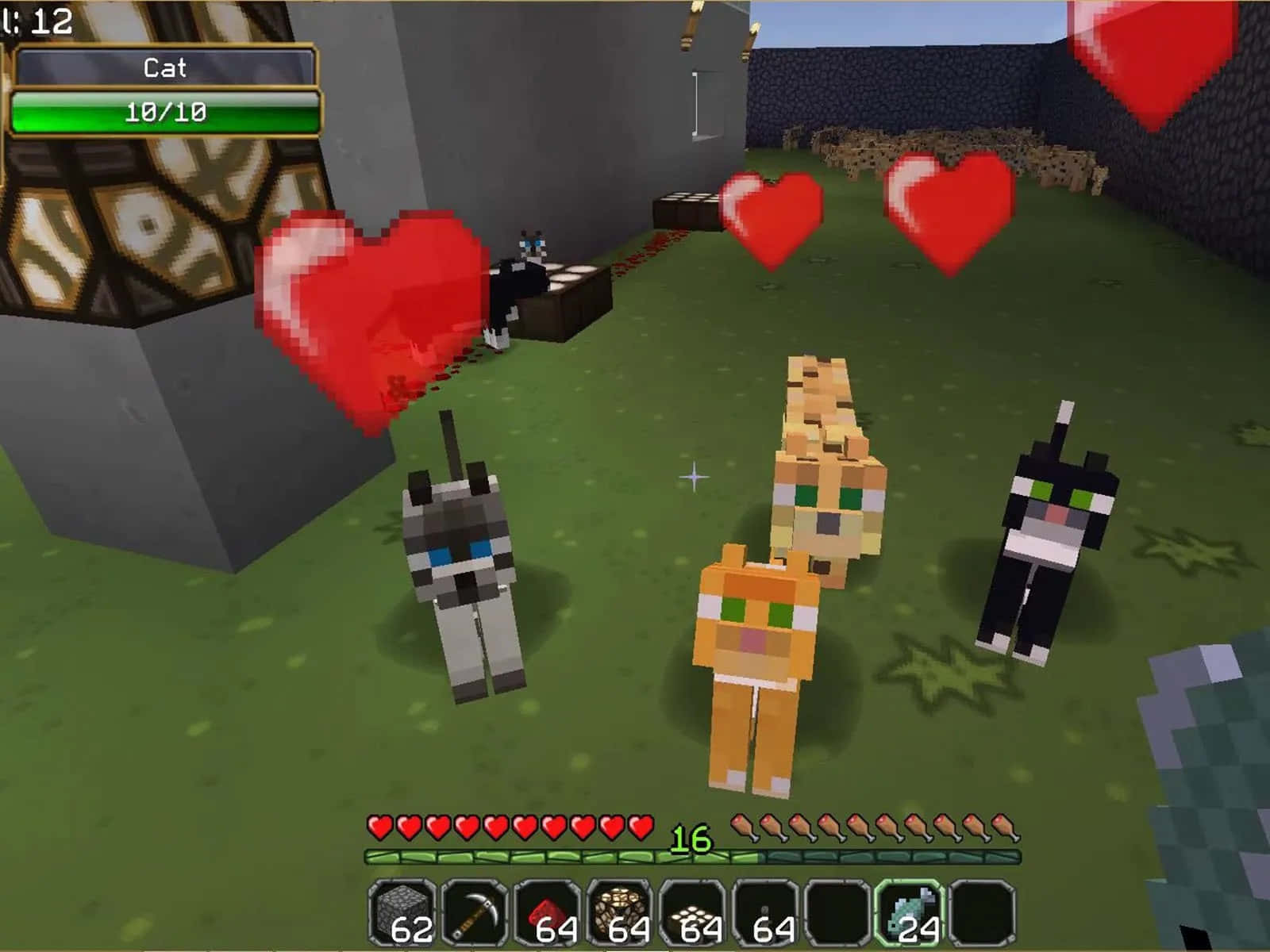 Minecraft Ocelot 桌布 壁紙 — 像素化的Minecraft貓在愛情模式，有浮動愛心在草地塊狀世界。