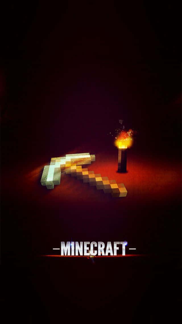 Minecraft Profile 桌布 壁紙 — 像素化的Minecraft鎬和火炬在深紅色背景上溫暖發光，下方有遊戲標題。