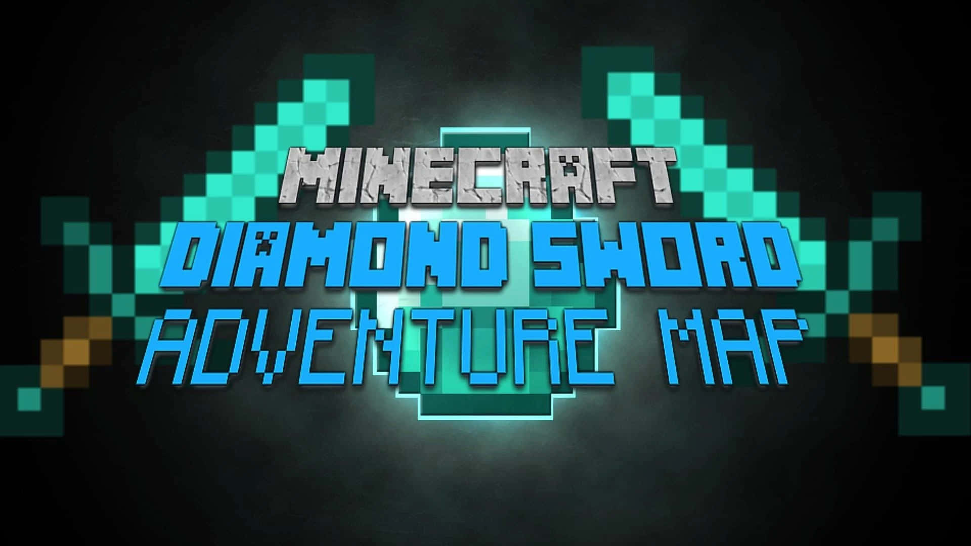 Minecraft Map 桌布 壁紙 — 像素化的Minecraft鑽石劍標誌在深色紋理背景上發出藍色光芒。