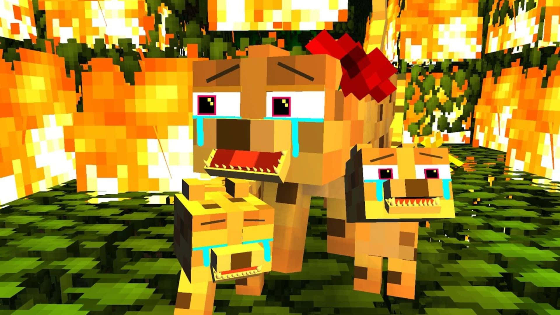 Minecraft Ocelot 桌布 壁紙 — 像素化的Minecraft風格狗狗戴著紅色蝴蝶結，在火熱的橙色和綠色像素森林中哭出藍色眼淚。