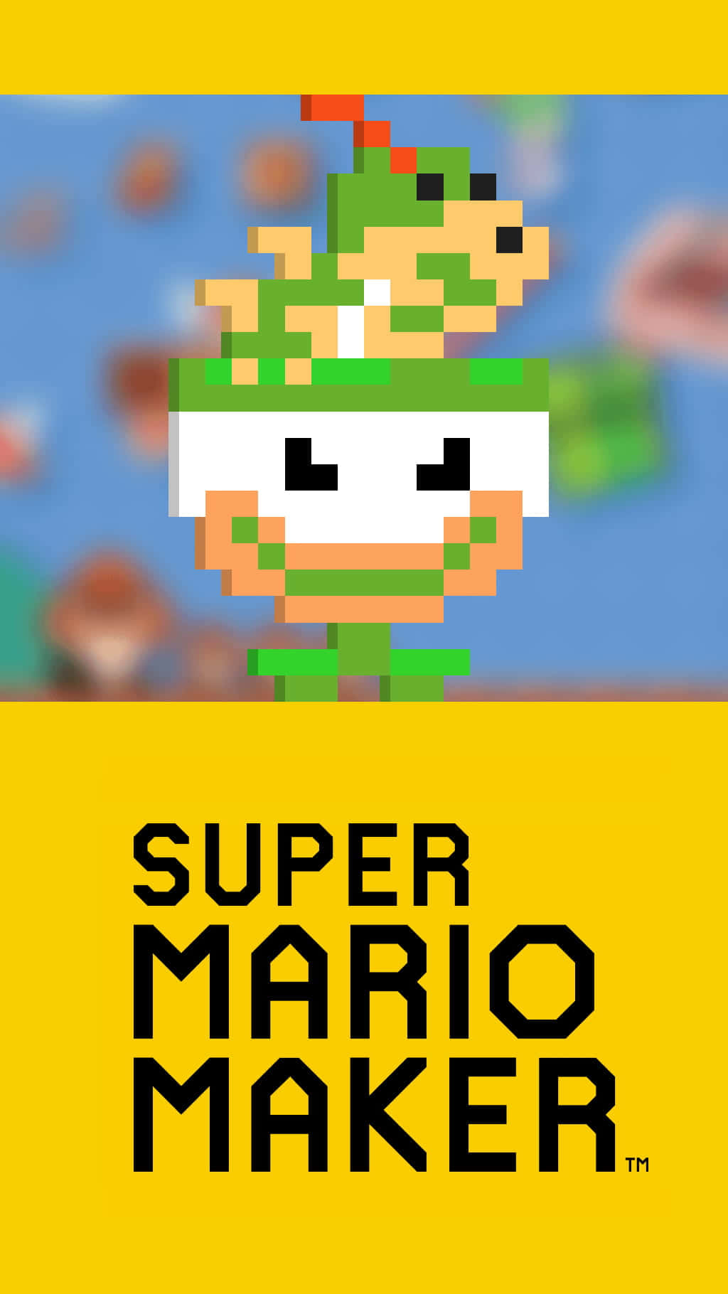 Bowser Jr 桌布 壁紙 — 像素化的Yoshi棲息在方塊狀的Mario頭上，背景是模糊的遊戲場景，下方有粗體黃色文字。
