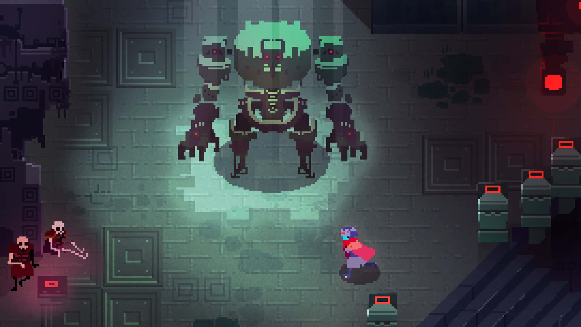 Pixel Game 桌布 壁紙 — 像素化的冒險者在昏暗的地牢中，面對著發光的綠色首領，周圍有紅燈和石牆。