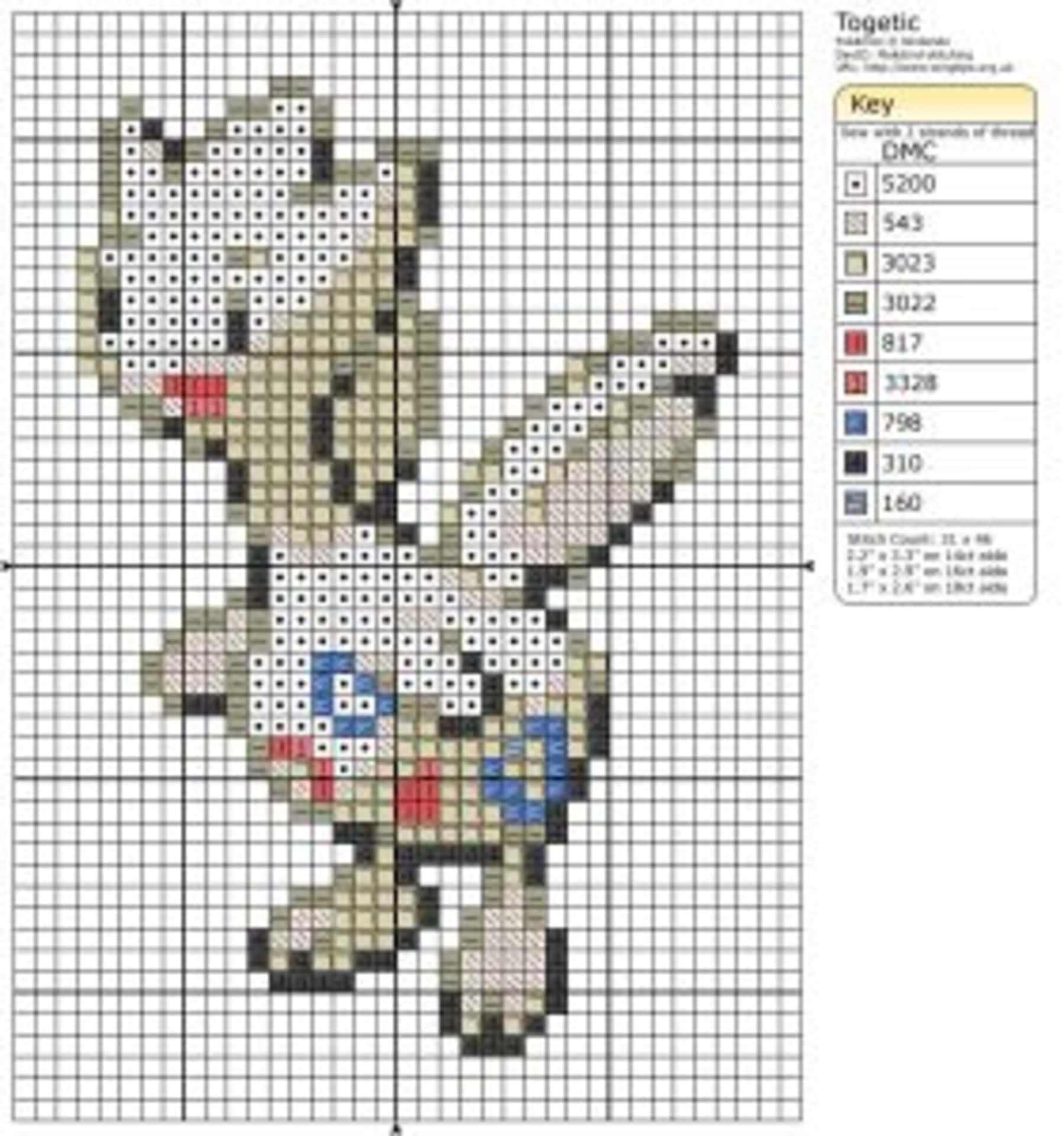 Pokemon Aesthetic 桌布 壁紙 — 像素化的十字繡圖案，是寶可夢Togetic，有網格、顏色對照表和線號。