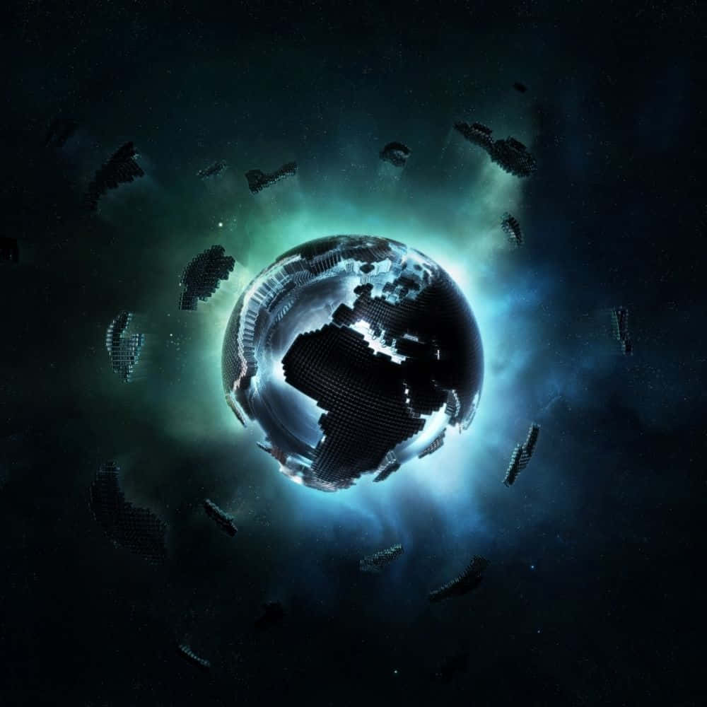 Xbox 桌布 壁紙 — 像素化的地球在發光的宇宙星雲背景下碎裂成數位碎片。
